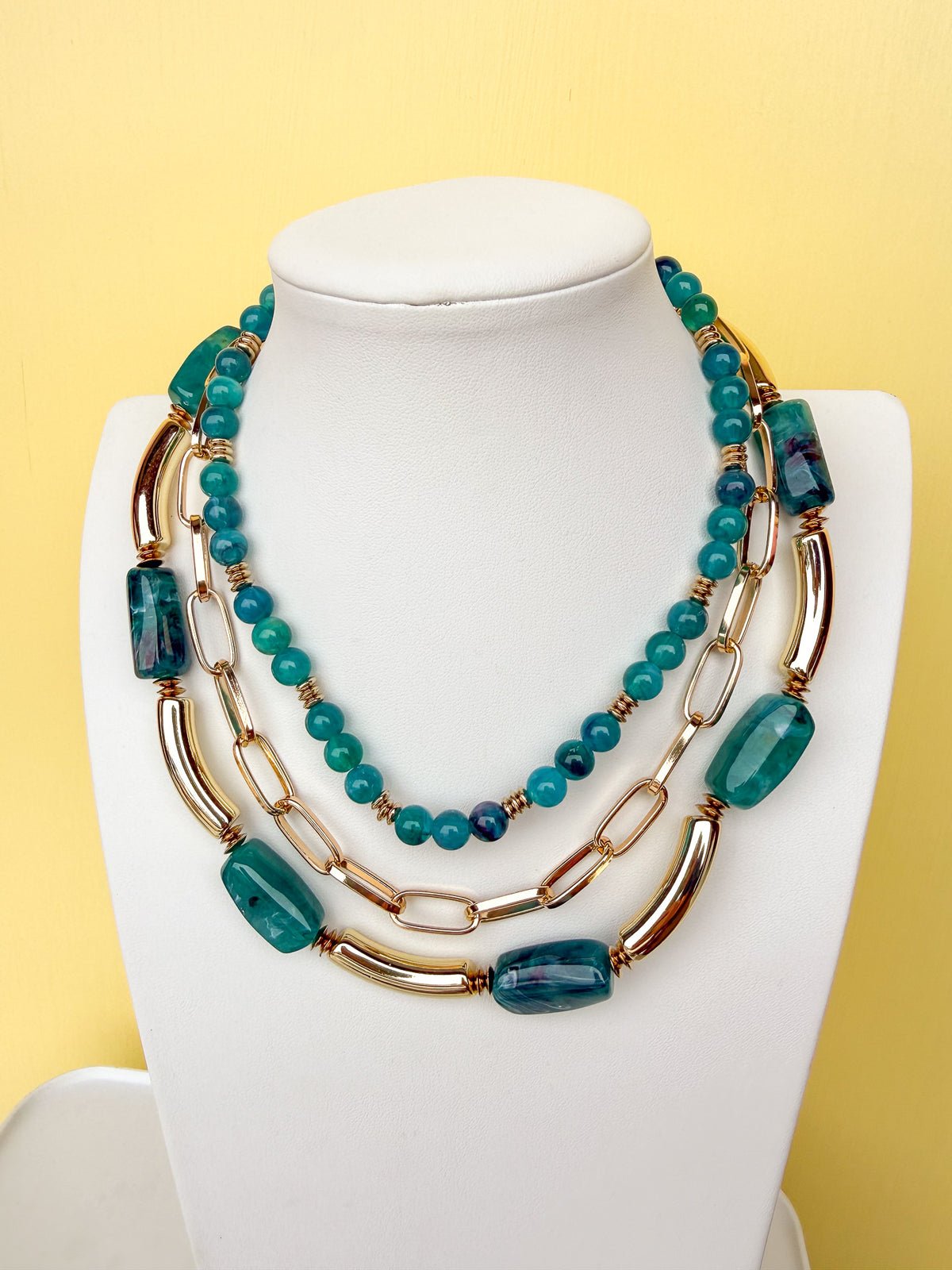 Gold & Beaded Triple Strand Statement Necklace - N0013