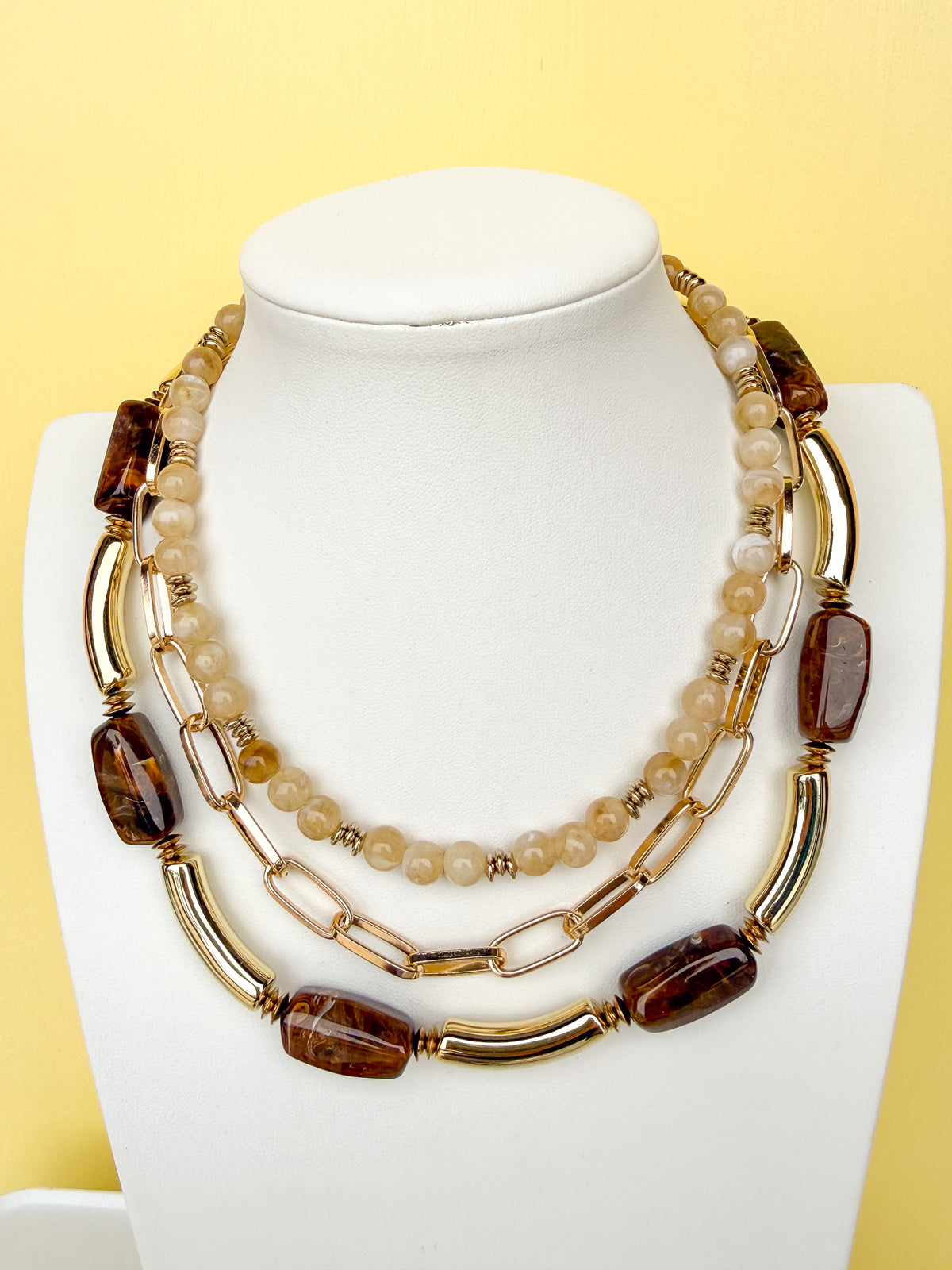 Gold & Beaded Triple Strand Statement Necklace - N0013